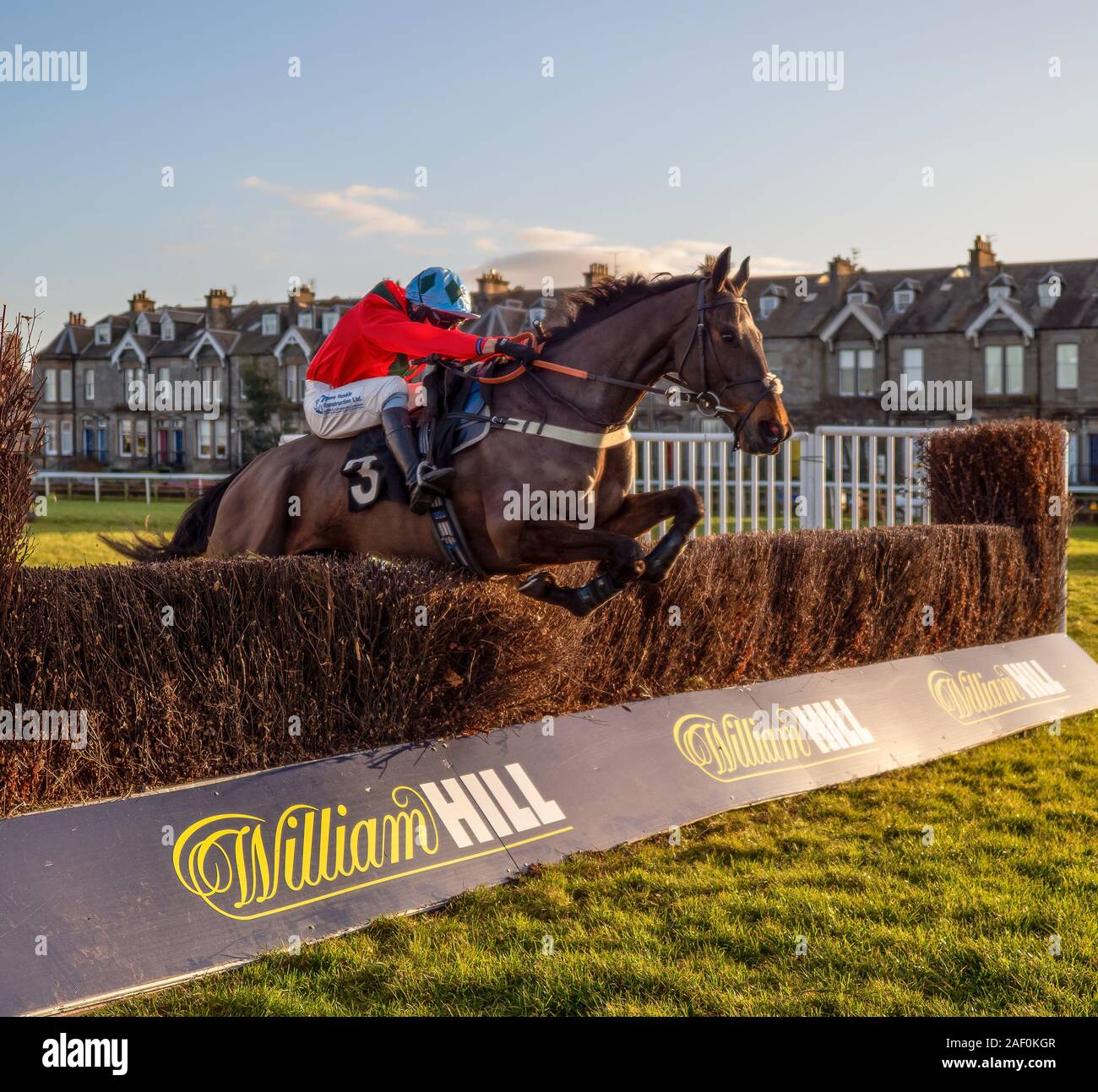 Jockey James Best on Defi Sacre on their way to win the Introducing Racing TV Handicap Chase - 9th December 2019, Musselburgh Racecourse. Stock Photo