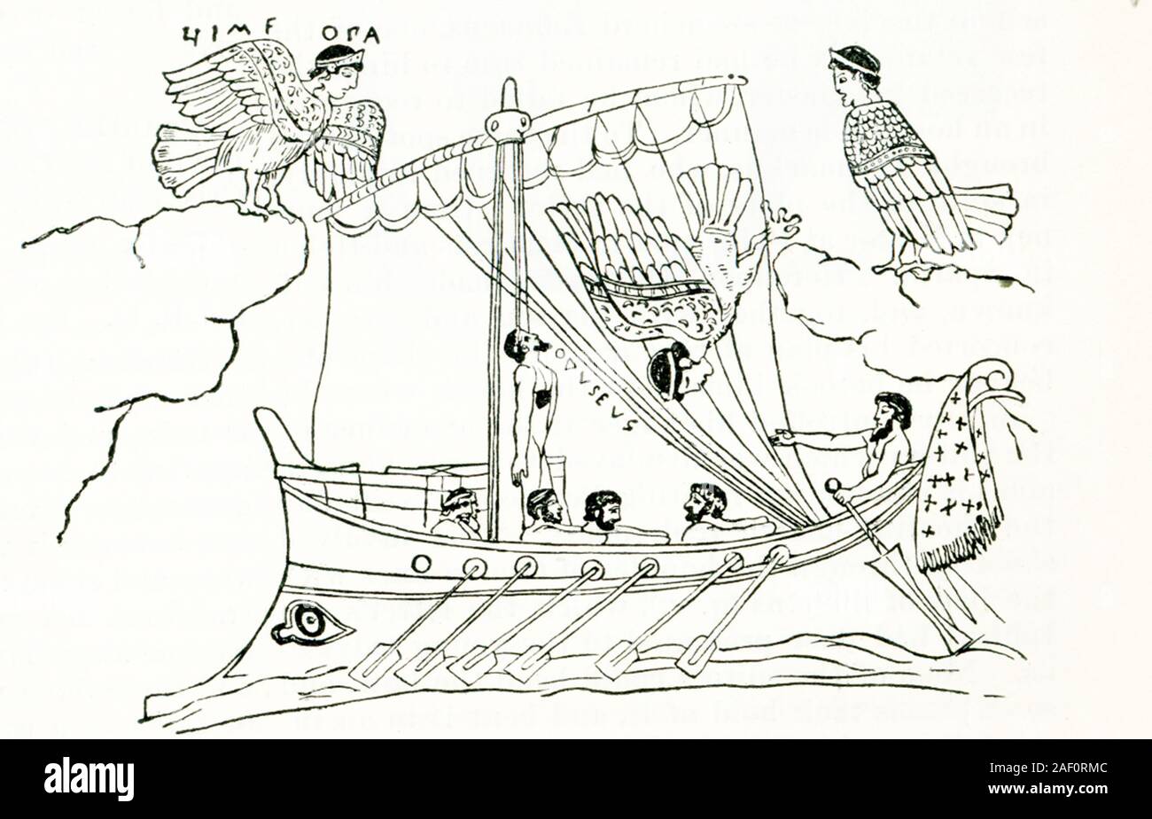 This illustration dates to 1897. It shows the Greek Trojan War hero Odysseus being tempted by the Sirens. It is based on the design on an ancient Greek vase in the British Museum. When Odysseus passed the Sirens, he had himself bound to the mast and his men's ears blocked to avoid being tempted by their alluring songs and calls. Stock Photo