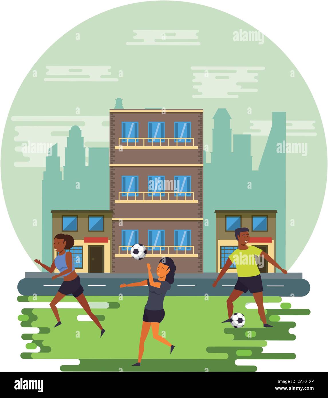athletes practicing soccer sports on the city Stock Vector