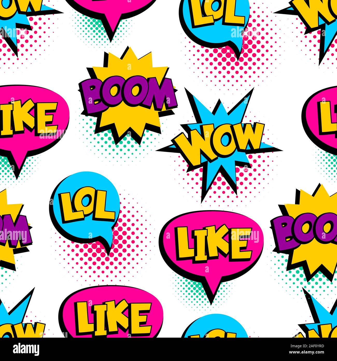 Pop Art seamless pattern comic text wow lol Stock Vector