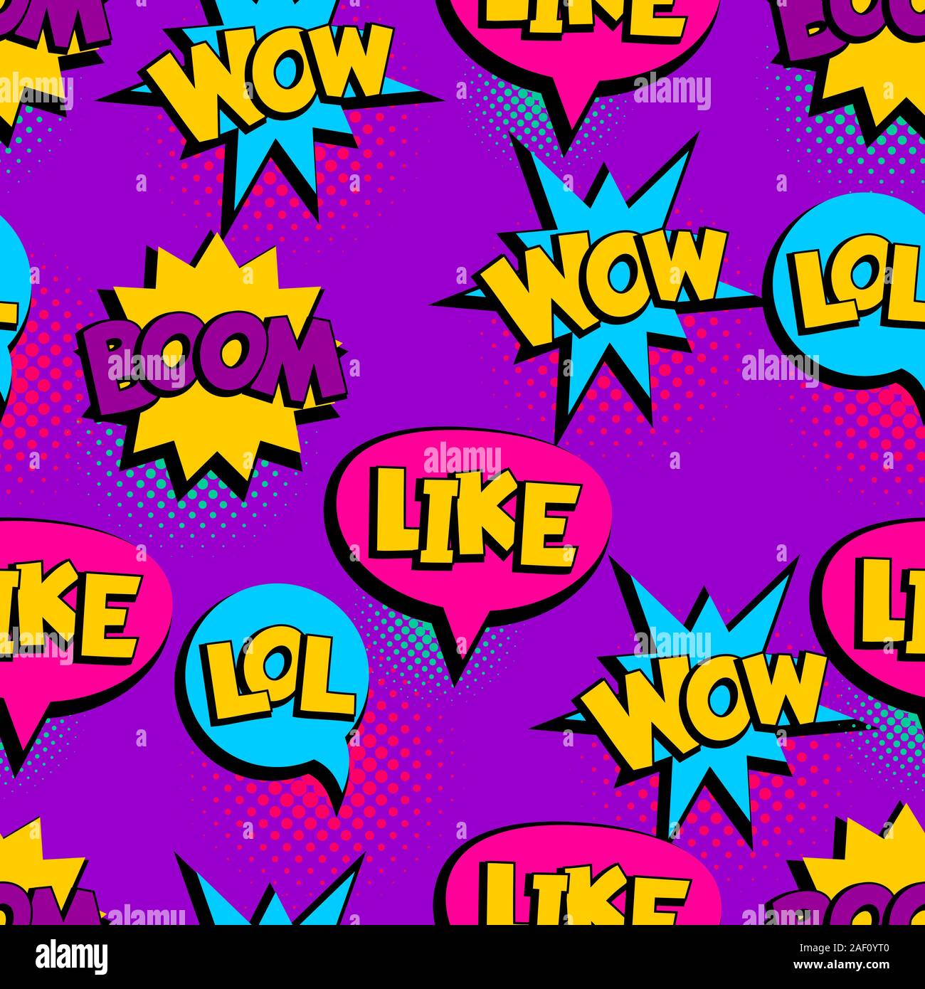Pop Art seamless pattern comic text wow lol Stock Vector