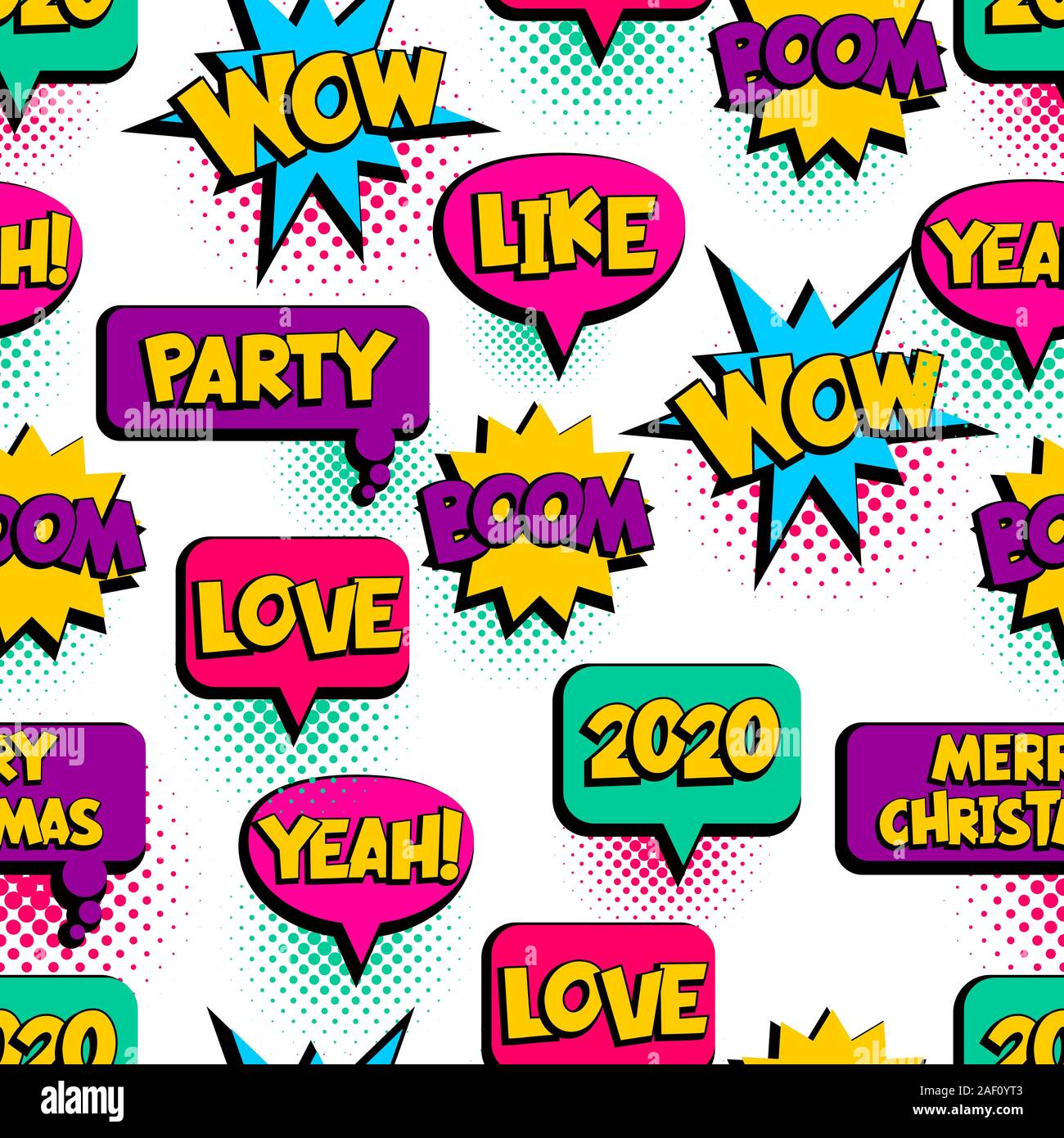 Pop Art seamless pattern comic text wow lol Stock Vector