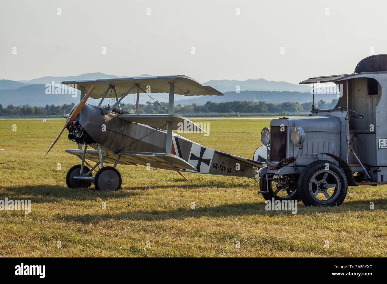 German Fokker Dr.I and military truck. SIAF Airhow, Sliac, Slovakia 2017 Stock Photo