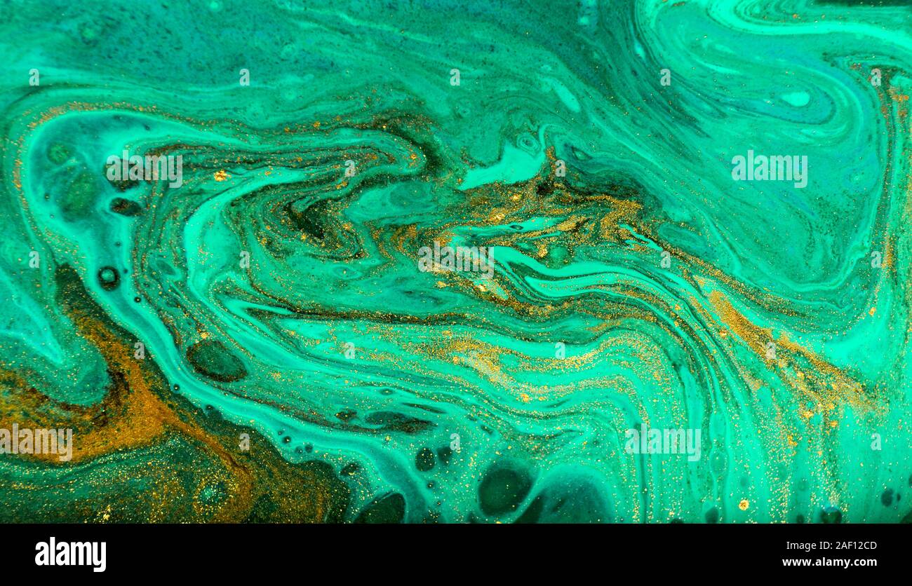Green and gold ripple of agate background. Golden powder marble texture ...