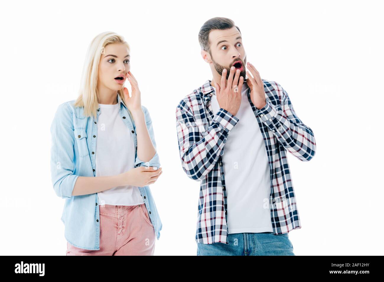 surprised girl and man covering mouths Isolated On White Stock Photo ...