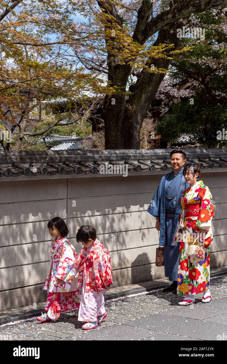 April, 11. 2019 Japanese family in traditional dress. Kyoyo, Japan