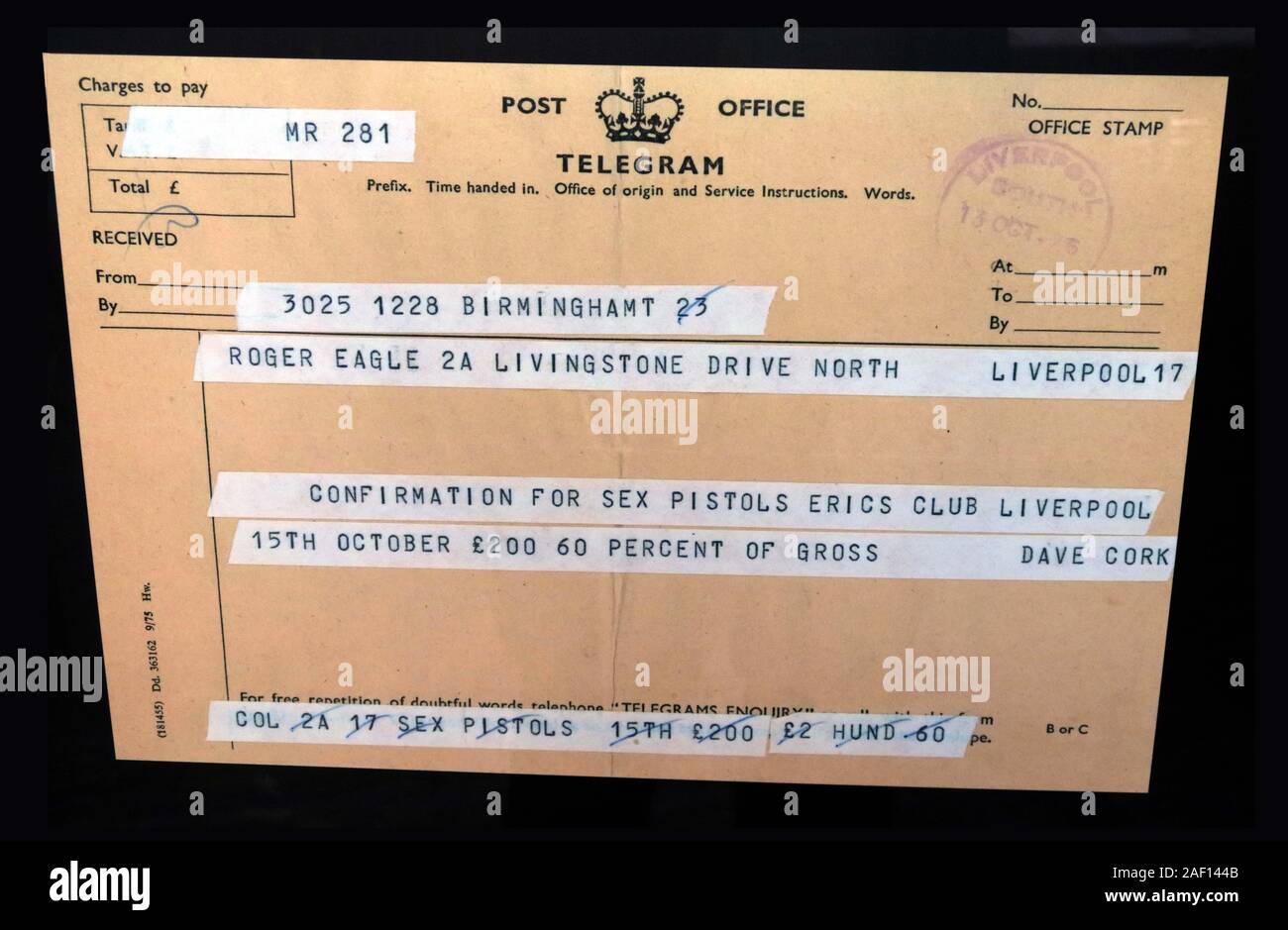 Sex Pistols Telegram, Dave Cork to Roger Eagle, Confirmation of Liverpool  Erics gig 15th October 1976, Mathew Street L2 6RE Stock Photo - Alamy