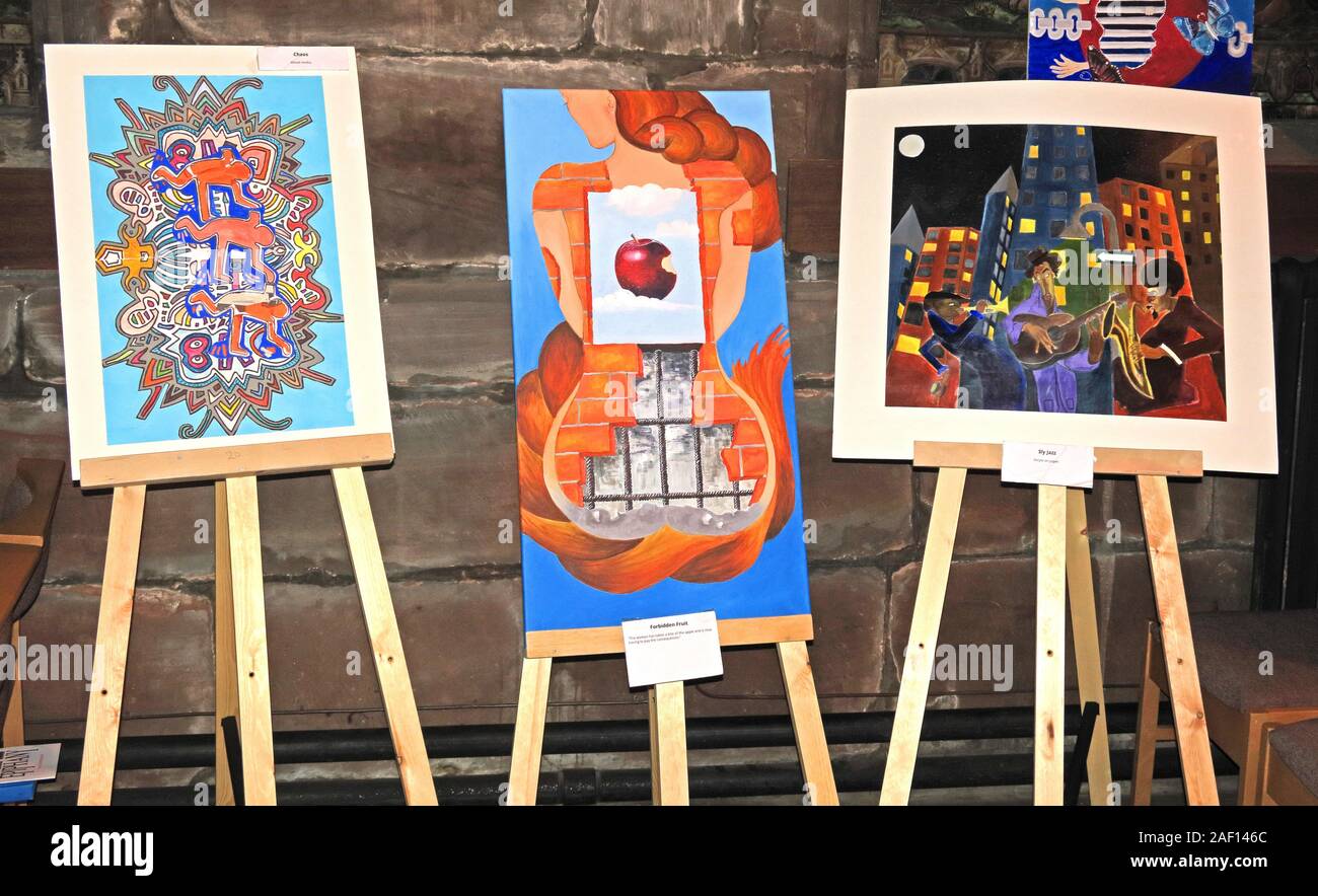 Art produced by prisoners from HMP Styal and Thorn Cross,13th Jan 2019 exhibition St Wilfrids Anglican Church, Grappenhall,Warrington,Cheshire,England Stock Photo