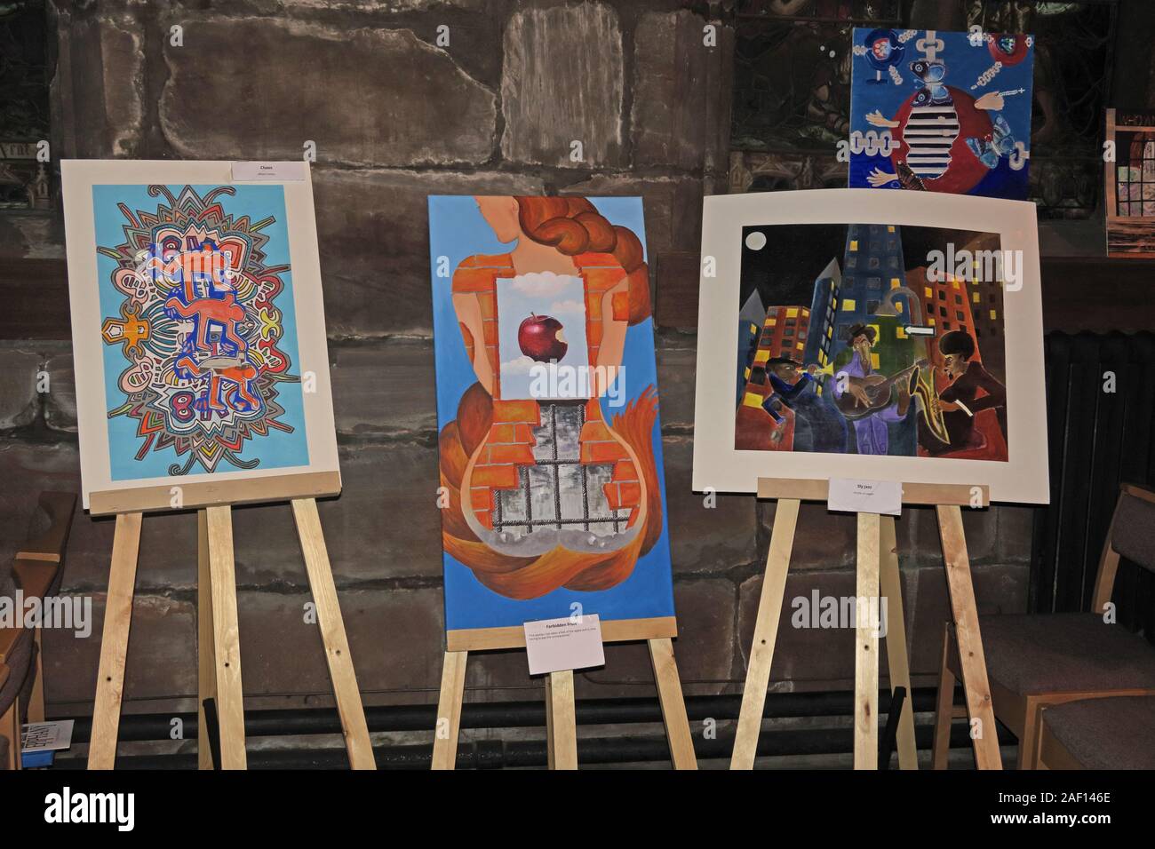 Art produced by prisoners from HMP Styal and Thorn Cross,13th Jan 2019 exhibition St Wilfrids Anglican Church, Grappenhall,Warrington,Cheshire,England Stock Photo