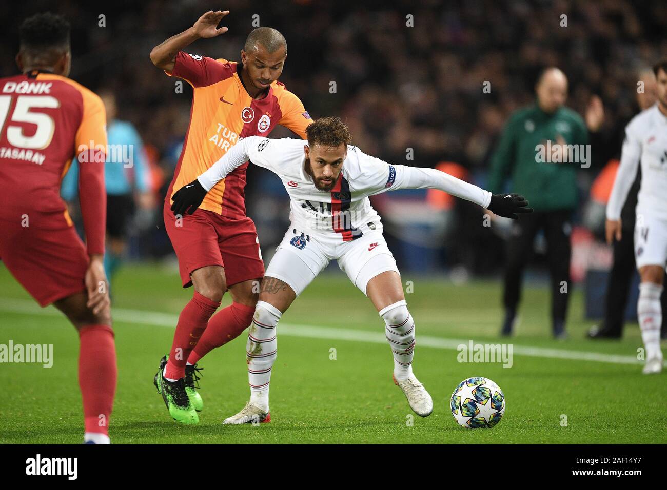Paris, France. 11th Dec, 2019. Neymar (R) of PSG vies with Mariano Ferreira  of Galatasaray during a Group A match of the 2019-2020 UEFA Champions League  between Paris Saint-Germain (PSG) and Galatasaray