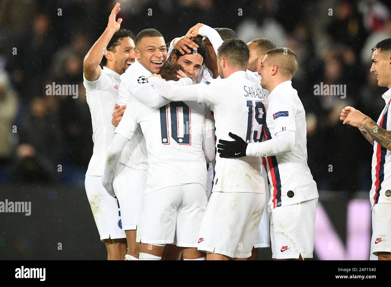 Paris, France. 11th Dec, 2019. Players of PSG celebrate their victory at  the end of a Group A match of the 2019-2020 UEFA Champions League between Paris  Saint-Germain (PSG) and Galatasaray in