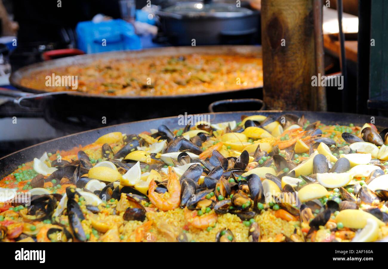 Seafood Paella cooking in a big Pan at Borough Market, London, UK Stock Photo Alamy