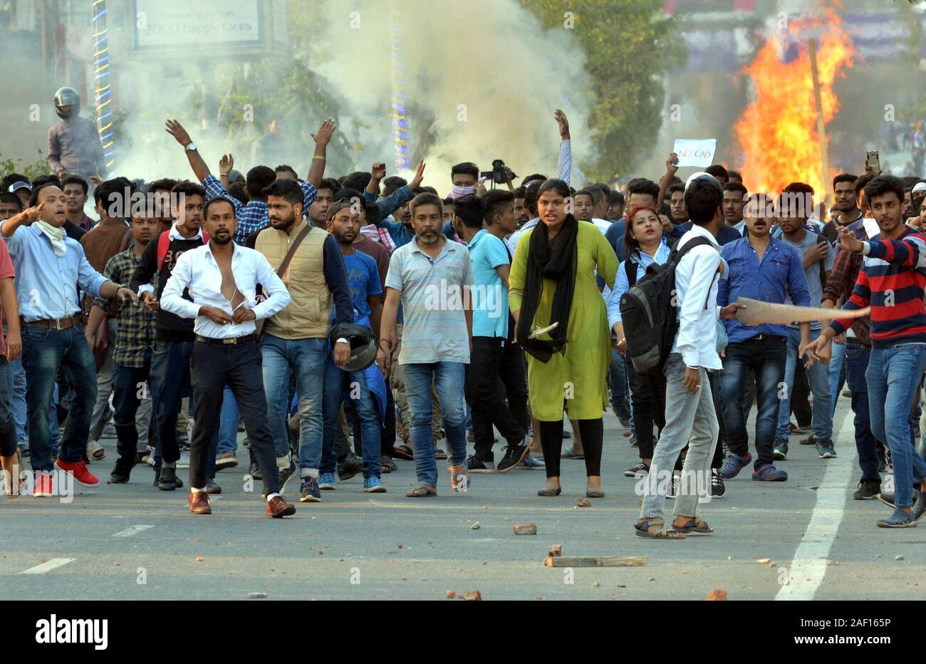 Guwahati, India. 11th Dec, 2019. Protestors demonstrate against the Citizenship Amendment Bill (CAB) in Guwahati, India, Dec. 11, 2019. The upper house of Indian parliament, or Rajya Sabha, passed the controversial Citizenship Amendment Bill (CAB) Wednesday evening, officials said. Credit: Str/Xinhua/Alamy Live News Stock Photo