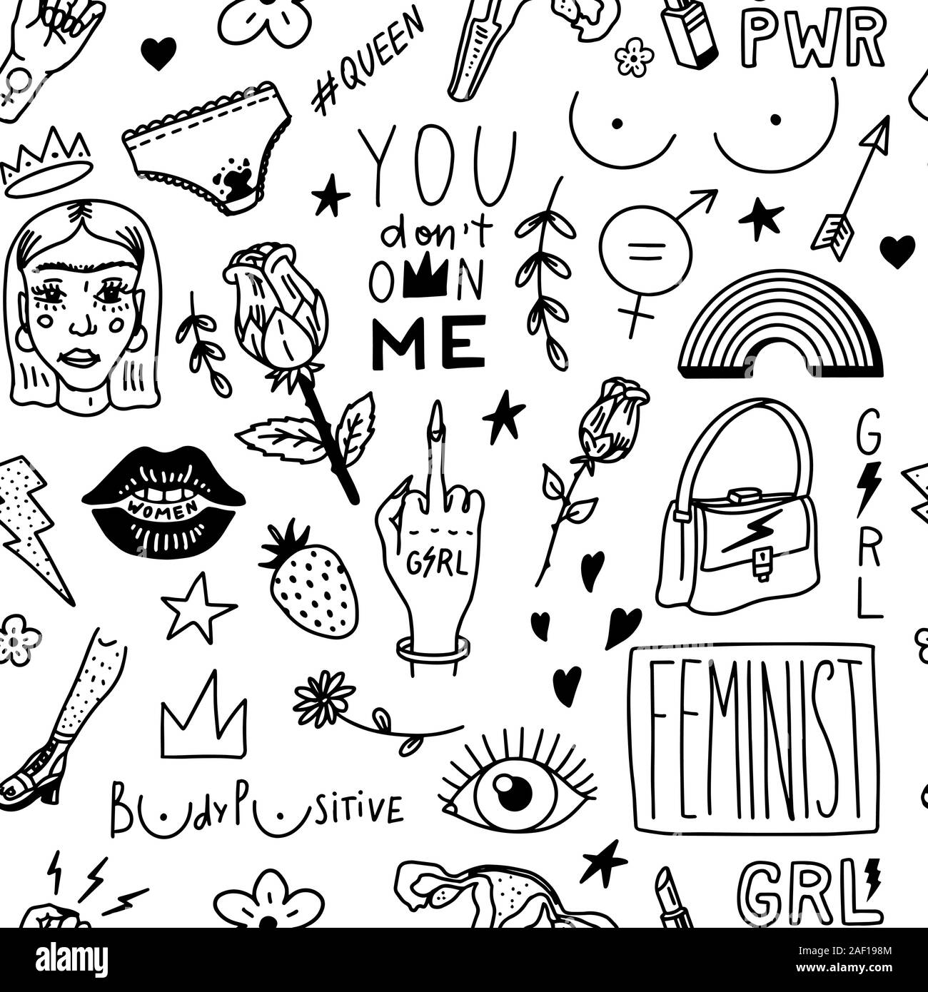 Feminist Seamless pattern in vintage style. Girl power and body