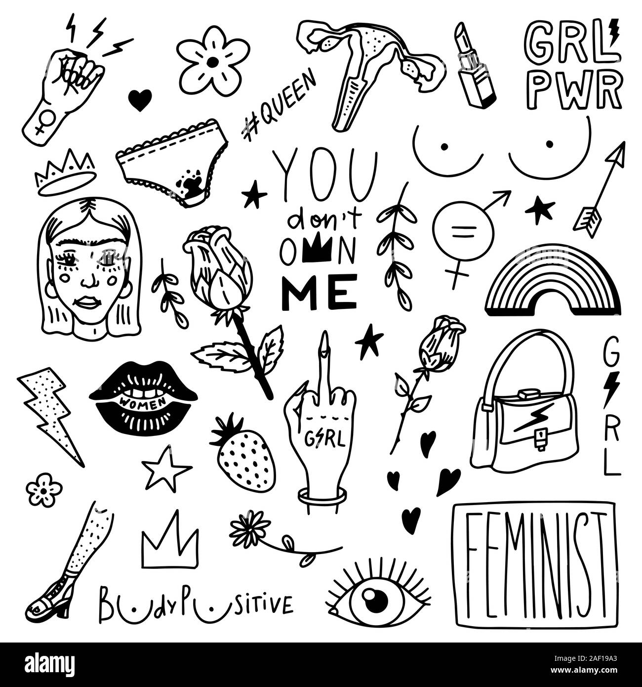 Feminist set in vintage style. Girl power and body positive concept. Stickers for posters and cards. Slogans and gestures, hairy legs, cervix Stock Vector