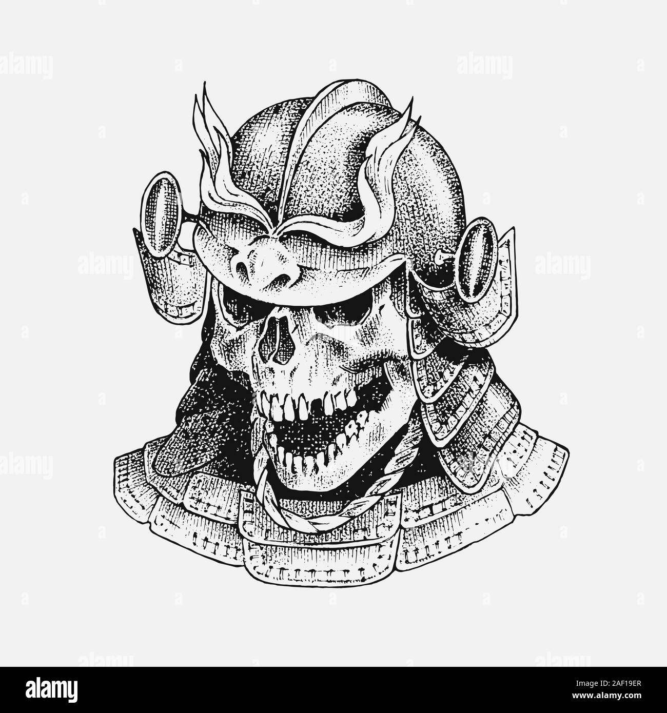 Human skull. Dead knight in armor in vintage style. Retro old school sketch for tattoo. Monochrome Hand drawn engraved retro prankster badge for t Stock Vector