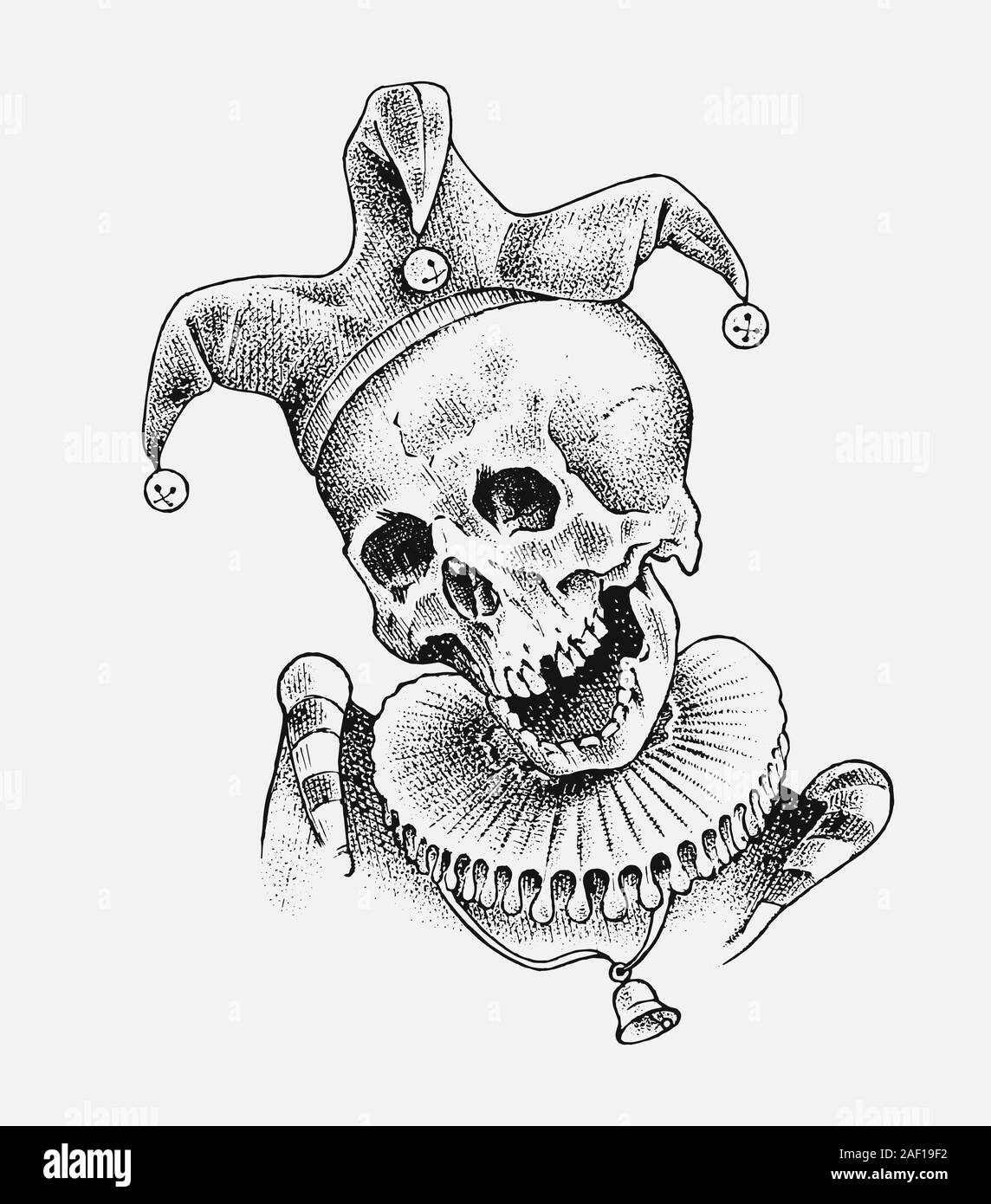 Human skull. Dead jester in vintage style. Retro old school sketch for tattoo. Monochrome Hand drawn engraved retro prankster badge for t-shirt Stock Vector