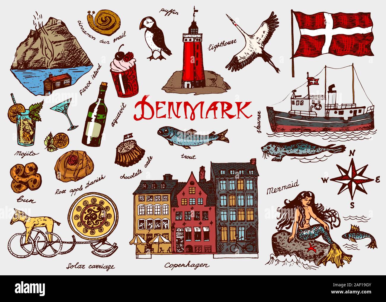 Symbols of Denmark in vintage style. Retro sketch with traditional signs. Scandinavian culture, national entertainment in European country. Homes Stock Vector