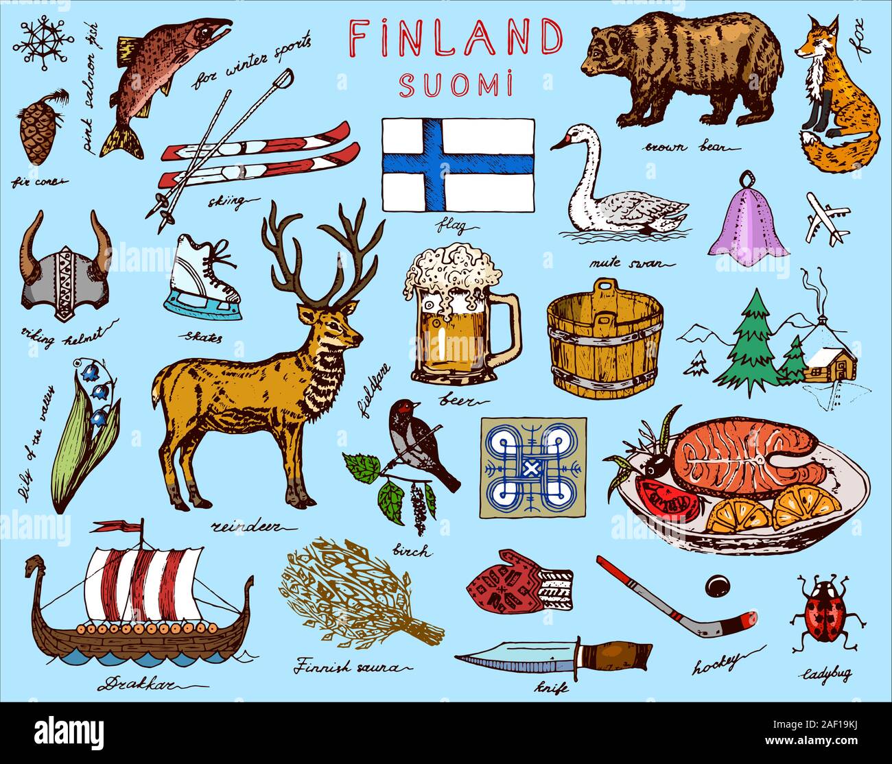 Symbols of Finland in vintage style. Doodle sketch with traditional signs.  Scandinavian culture, national entertainment in a European country. Animals  Stock Vector Image & Art - Alamy