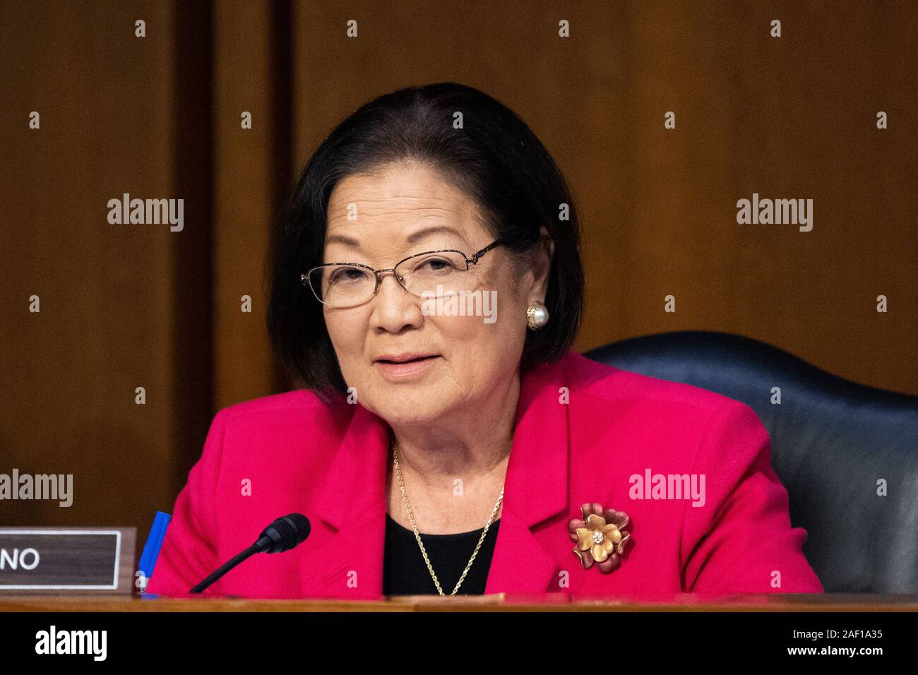 Senator Mazie Hirono (D-HI) speaks during the Senate Judiciary Committee Hearing on the Department of Justice (DOJ) Inspector General's report regarding the investigation into DOJ and FBI’s work regarding the 2016 presidential election. Stock Photo
