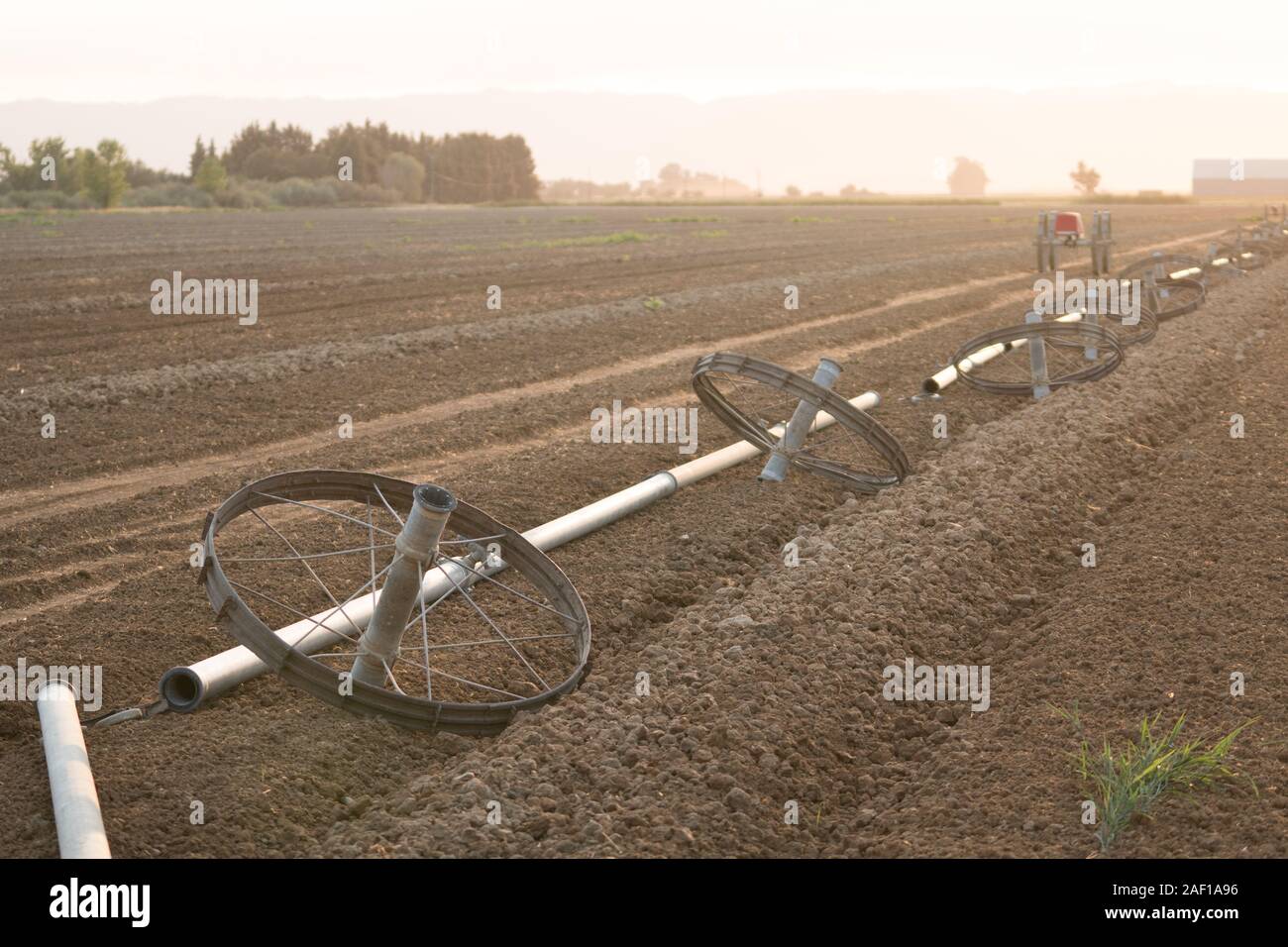 field irrigation system wheel line sprinkler dirt dry Stock Photo Alamy