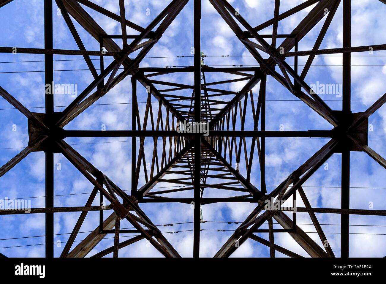high-voltage power support view from below Stock Photo