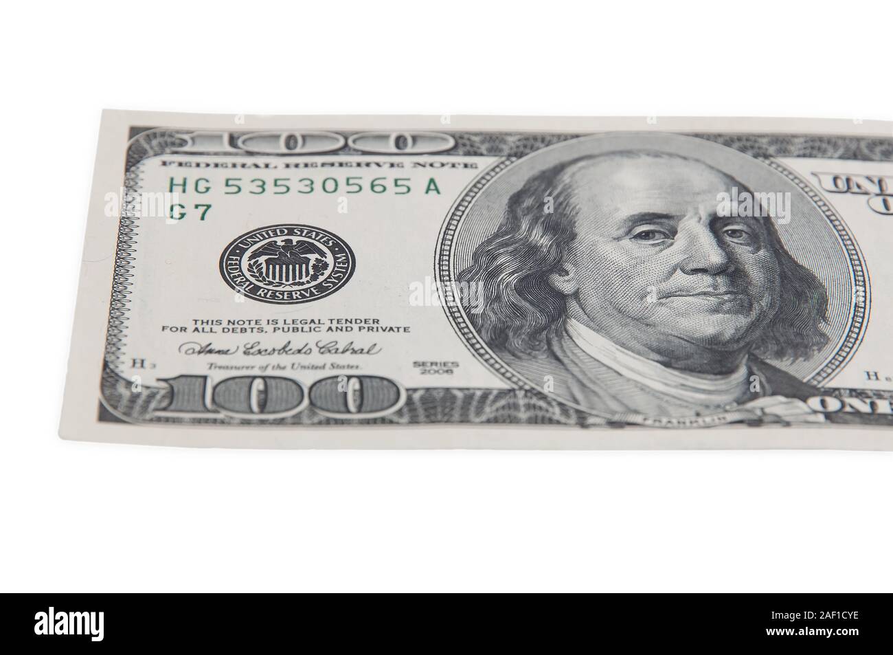 Part of the bill of one hundred American dollars on a white background