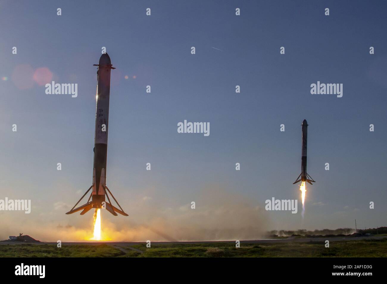 A SpaceX Falcon Heavy rocket successfully launched the Arabsat-6A satellite from Launch Complex 39A (LC-39A) at NASA's Kennedy Space Center in Florida on April 11, 2019. The satellite was deployed approximately 34 minutes after liftoff. Following booster separation, Falcon Heavy's two side boosters landed at SpaceX's Landing Zones 1 and 2 (LZ-1 and LZ-2) at Cape Canaveral Air Force Station in Florida. Falcon Heavy's center core landed on the 'Of Course I Still Love You' drone-ship, which was stationed in the Atlantic Ocean. Photo by SpaceX/UPI Stock Photo