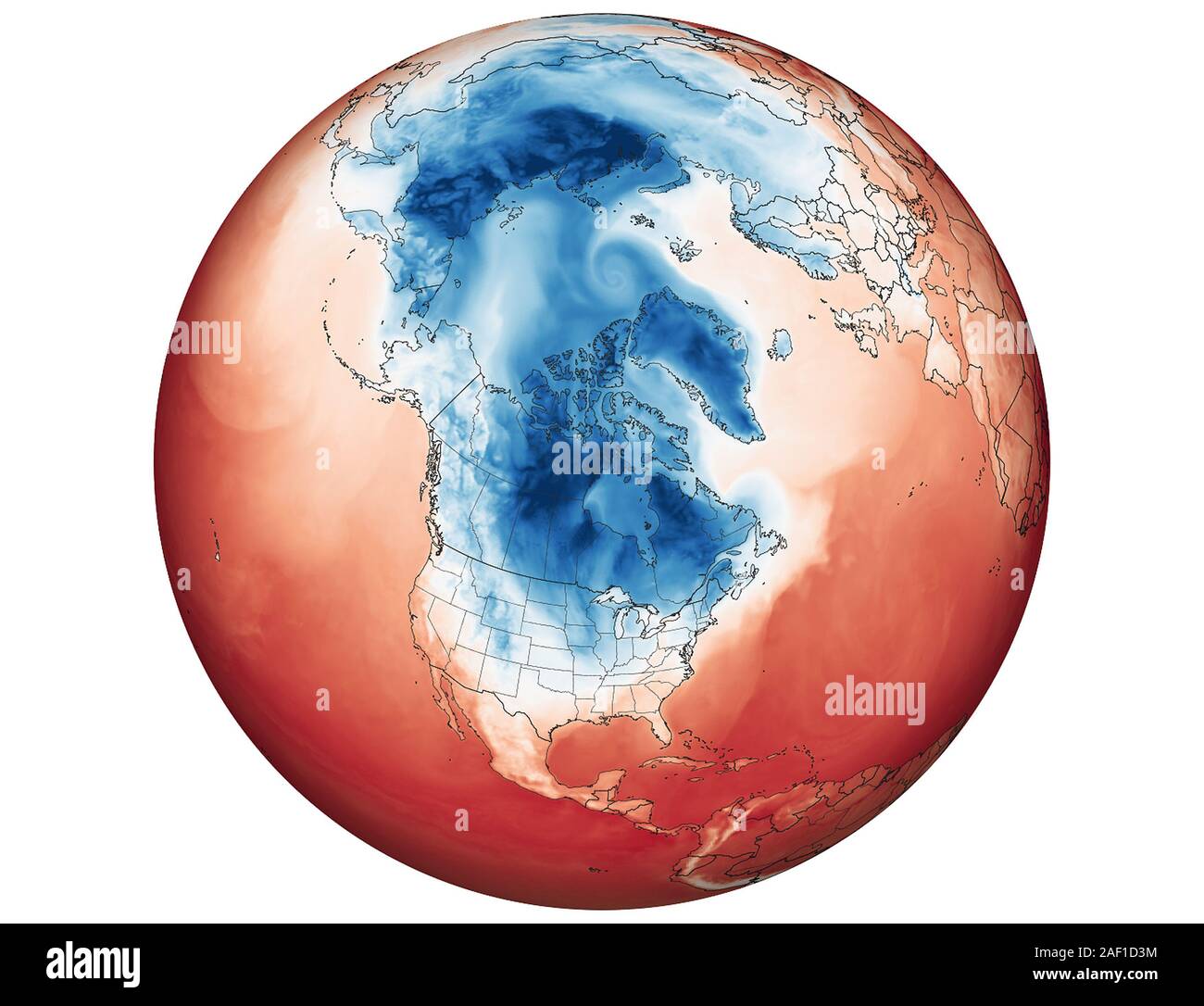 Desperately cold weather is now gripping the Midwest and Northern Plains of the United States, as well as interior Canada. The culprit is a familiar one: the polar vortex. This map shows air temperatures around 6.5 feet above the ground at 4 a.m. Eastern Standard Time on January 29, 2019, as represented by the Goddard Earth Observing System Model. A large area of low pressure and extremely cold air usually swirls over the Arctic, with strong counter-clockwise winds that trap the cold around the Pole. But disturbances in the jet stream and the intrusion of warmer mid-latitude air masses can dis Stock Photo