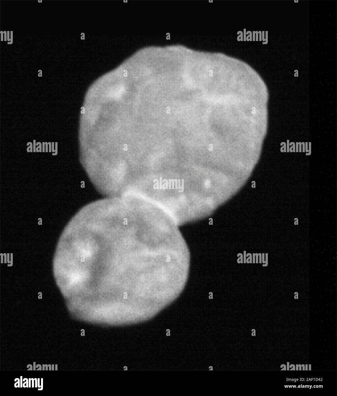 Washington, United States. 12th Dec, 2019. This image taken by the Long-Range Reconnaissance Imager (LORRI) is the most detailed of Ultima Thule returned so far by the New Horizons spacecraft. It was taken at 5:01 UTC on January 1, 2019, just 30 minutes before closest approach from a range of 18,000 miles (28,000 kilometers), with an original scale of 459 feet (140 meters) per pixel. Photo by NASA/Johns Hopkins University Applied Physics Laboratory/Southwest Research Institute/UPI Credit: UPI/Alamy Live News Stock Photo