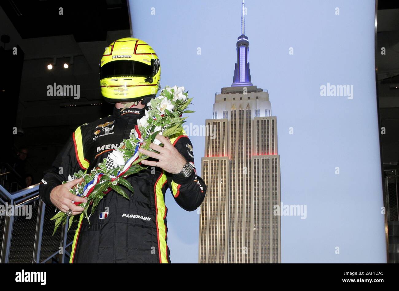 New York, United States. 12th Dec, 2019. Simon Pagenaud, winner of the 103rd running of the Indianapolis 500 and driver of the #22 Menards Team Penske Chevrolet, visits the Empire State Building in New York City on May 28, 2019, following his victory in Sunday's historic race. Photo by John Angelillo/UPI Credit: UPI/Alamy Live News Stock Photo