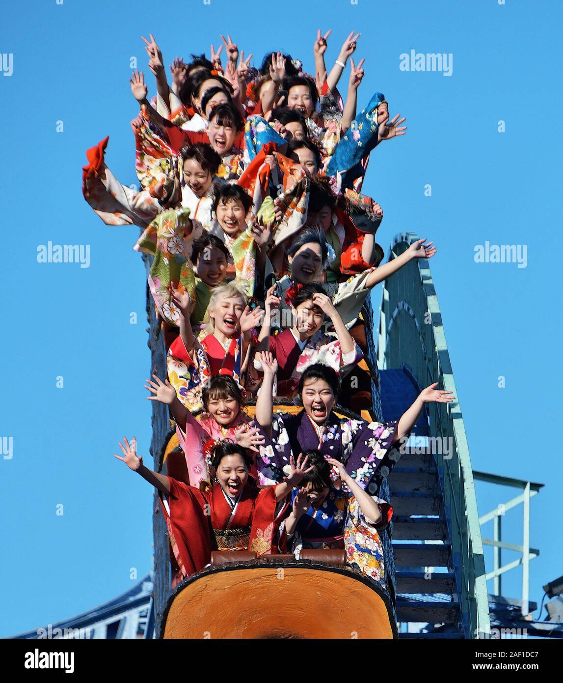 Tokyo, Japan. 12th Dec, 2019. A 20-year-old participant rides a roller coaster after the Coming of Age Day ceremony at an amusement park 'Toshimaen' in Tokyo, Japan, on January 14, 2019. Photo by Keizo Mori/UPI Credit: UPI/Alamy Live News Stock Photo