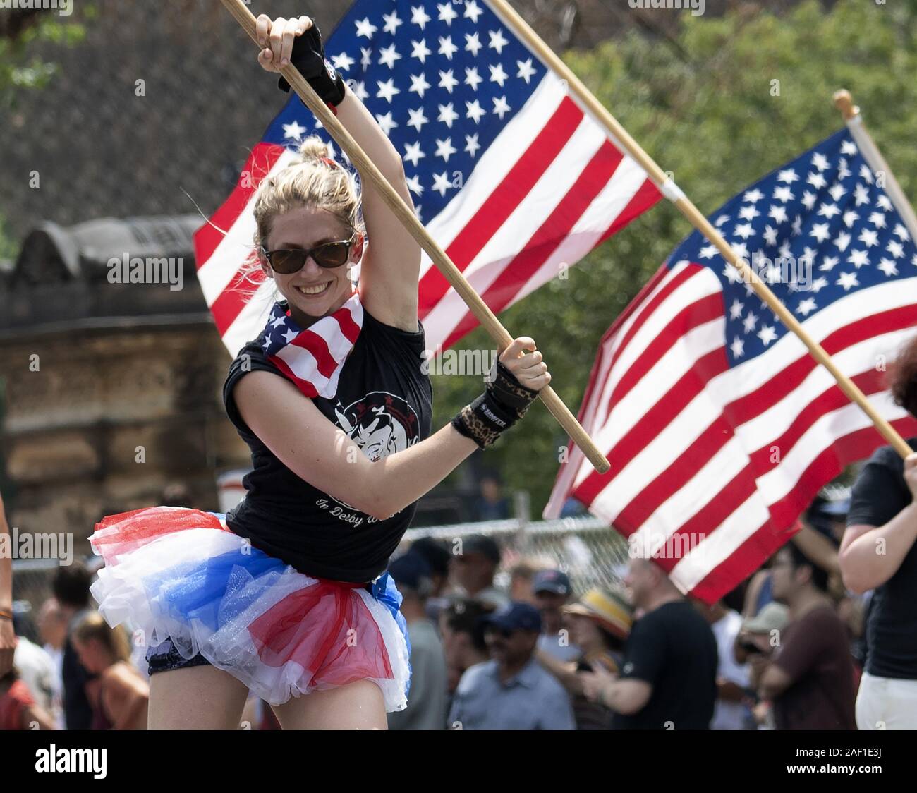 Washington, United States. 12th Dec, 2019. Patriotic roller skaters roll down Constitution Avenue in the traditional National Independence Day Parade in Washington, DC, on July 4, 2019. Citizens and tourists celebrate the signing of the Declaration of Independence in 1776, followed by the traditional fireworks on the National Mall. This year there was an additional controversial event hosted by President Donald Trump at the Lincoln Memorial. Photo by Pat Benic/UPI Credit: UPI/Alamy Live News Stock Photo