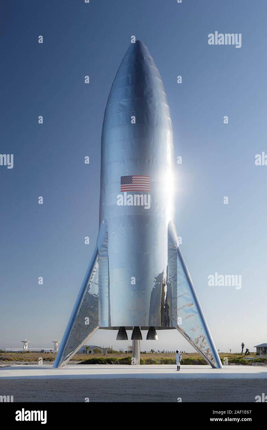 Washington, United States. 12th Dec, 2019. SpaceX CEO Elon Musk unveiled the company's Starship test flight rocket on January 10, 2019. The vehicle was designed for suborbital VTOL (vertical take-off and landing) tests. The orbital version, a prototype of which should be ready by June according to Musk, will be taller, with thicker skins and a less pointed nose section. Photo by SpaceX/UPI Credit: UPI/Alamy Live News Stock Photo