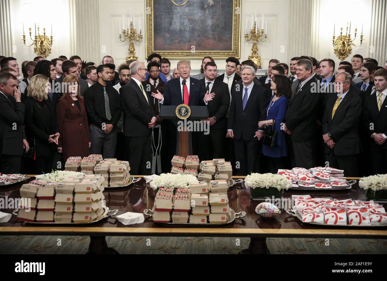 Washington, United States. 12th Dec, 2019. U.S. President Donald Trump participates in a photo opportunity with the 2018 Division I FCS National Champions: The North Dakota State Bison in the State Dining Room of the White House on March 4, 2019, in Washington, DC Photo by Oliver Contreras/UPI Credit: UPI/Alamy Live News Stock Photo