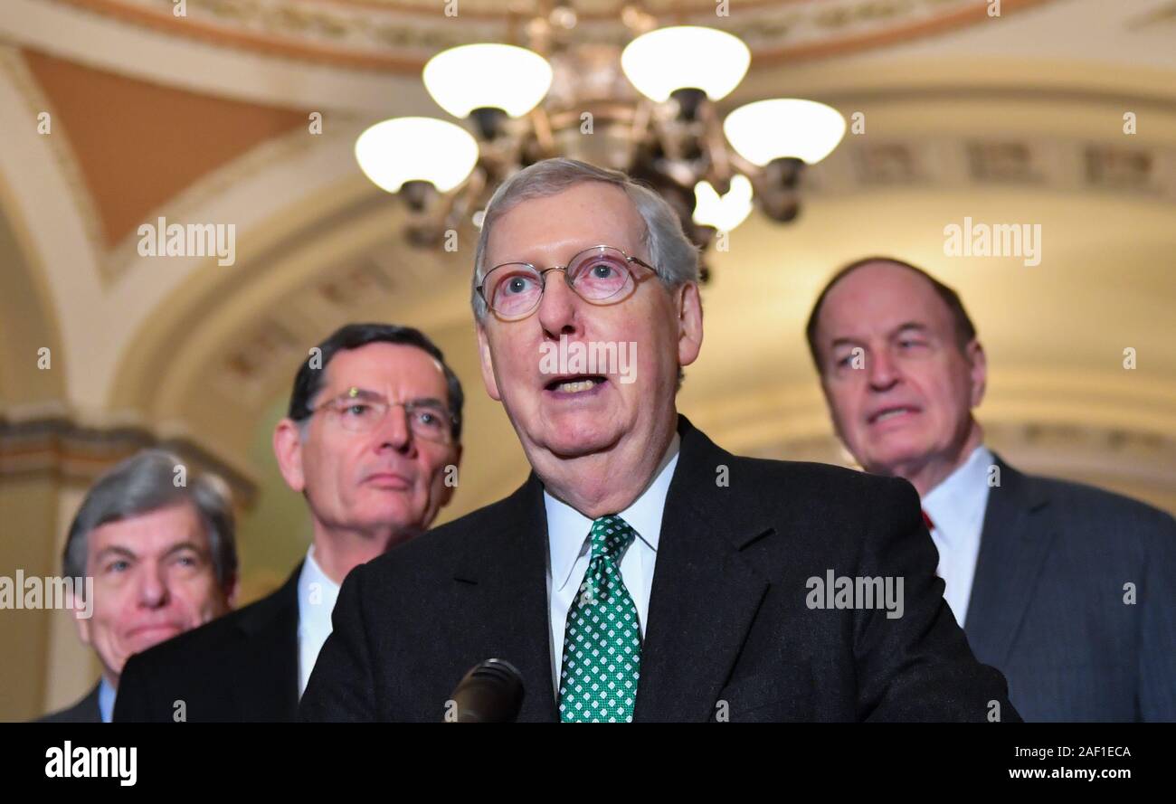 Washington, United States. 12th Dec, 2019. Senate Majority Leader Mitch McConnell, R-KY, joined by fellow Republican leaders, talks about the tentative government funding deal to avoid another government shutdown, on Capitol Hill in Washington, DC on February 12, 2019. Photo by Kevin Dietsch/UPI Credit: UPI/Alamy Live News Stock Photo