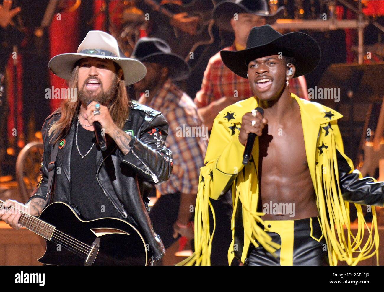 Los Angeles, United States. 12th Dec, 2019. Billy Ray Cyrus (L) and Lil Nas X perform during the 19th annual BET Awards at the Microsoft Theater in Los Angeles on June 23, 2019. The BET Awards were established in 2001 by the Black Entertainment Television network to celebrate African Americans and other American minorities in entertainment, culture, and sports over the past year. Photo by Jim Ruymen/UPI Credit: UPI/Alamy Live News Stock Photo