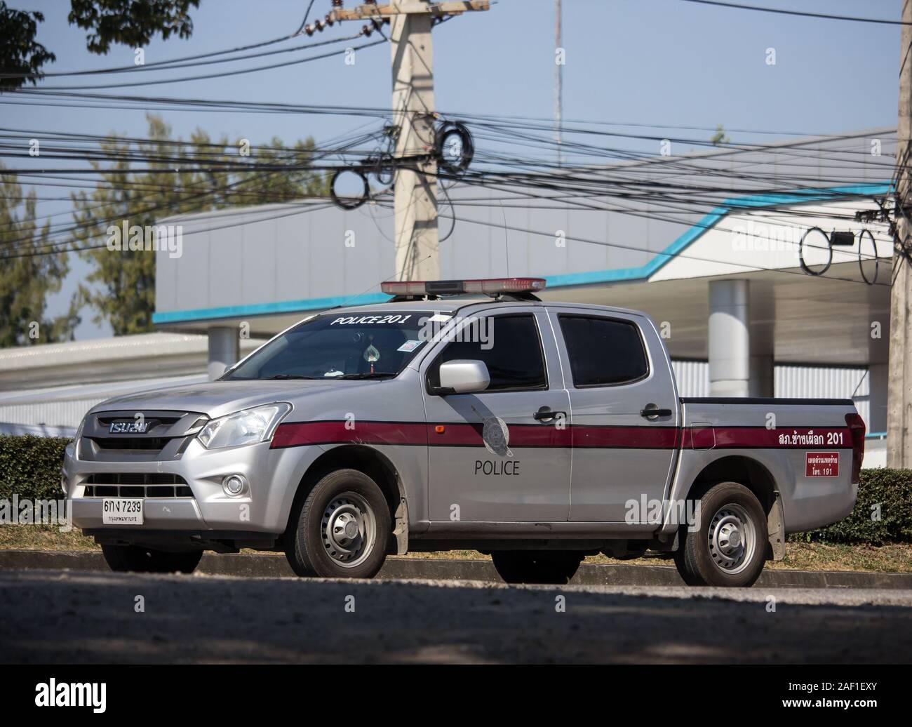 Chiangmai, Thailand - November 28 2019:  Isuzu D Max of Police car of Royal Thai Police. Photo at road no.121 about 8 km from downtown Chiangmai, thai Stock Photo
