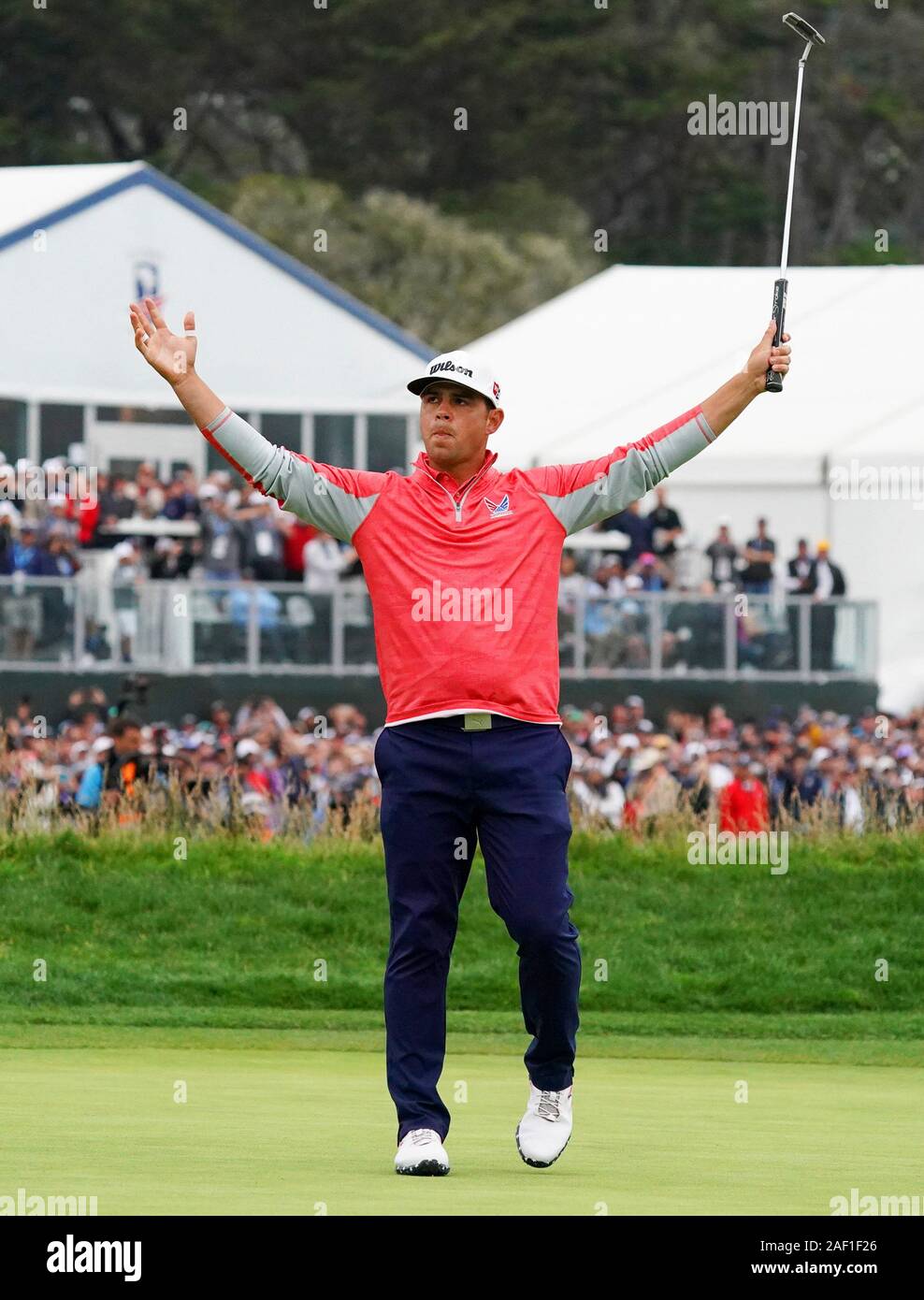 Pebble Beach, United States. 12th Dec, 2019. Gary Woodland celebrates on  the 18th green in the final round of the 2019 U.S. Open at Pebble Beach Golf  Links on June 16, 2019,