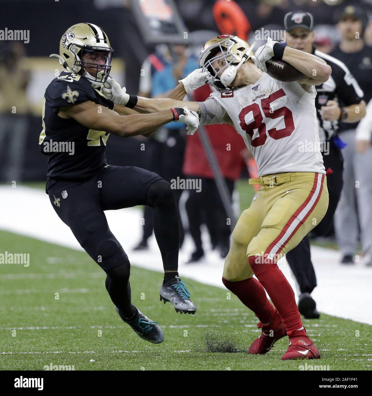 New Orleans, United States. 12th Dec, 2019. With seconds left on the clock,  San Francisco 49ers tight end George Kittle (85) picks up 39 yards and a  face mask penalty, putting the