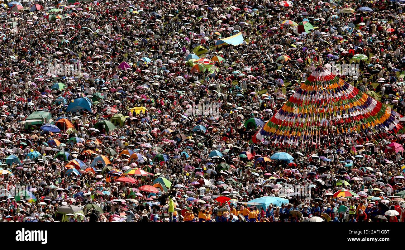 Gannan, China. 12th Dec, 2019. Tibetans camp out on a hill in the grasslands where the year's biggest event, a regional ethnic minority performance, will celebrate the opening of the Dunhuang Silk Road International Tourism Festival being held in Gannan, a major city in Gansu Province's Tibetan Autonomous Region, on Tuesday, August 30, 2019. The area is a key part of China's massive Belt and Road Initiative, where future development will help alleviate poverty and improve education in the Tibetan region. Photo by Stephen Shaver/UPI Credit: UPI/Alamy Live News Stock Photo
