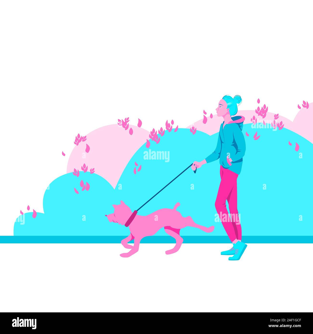 A young girl walks with a dog in the park. Cartoon character in flat style vector illustration. Stock Vector