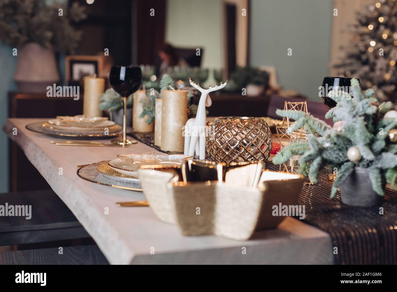 Beautiful table is setting for Christmas dinner Stock Photo