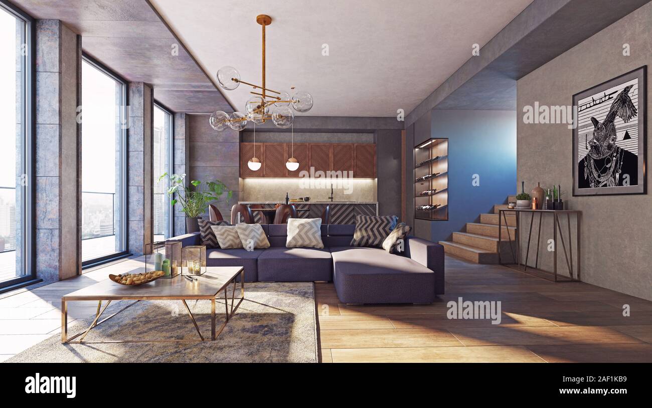 modern living interior design concept. 3d rendering idea Stock Photo ...