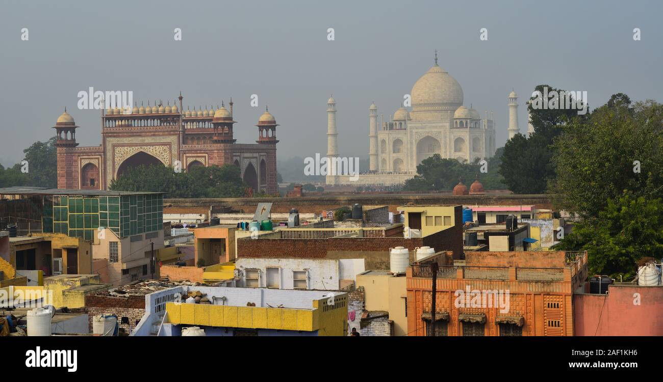 Agra, India - Nov 11, 2015. Aerial view of Taj Mahal and Agra city in India. Agra is one of the most populous cities in Uttar Pradesh and the 24th mos Stock Photo