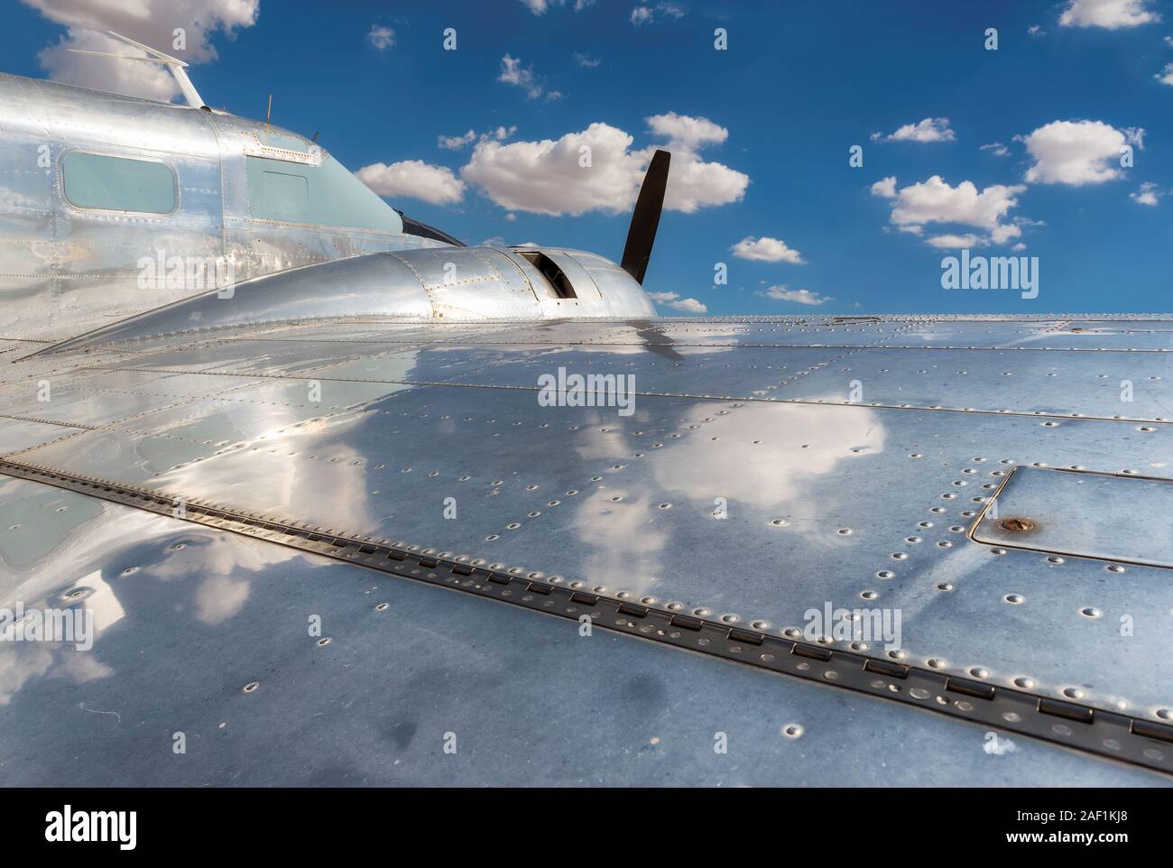 Close up view of a vintage propeller airplane Stock Photo