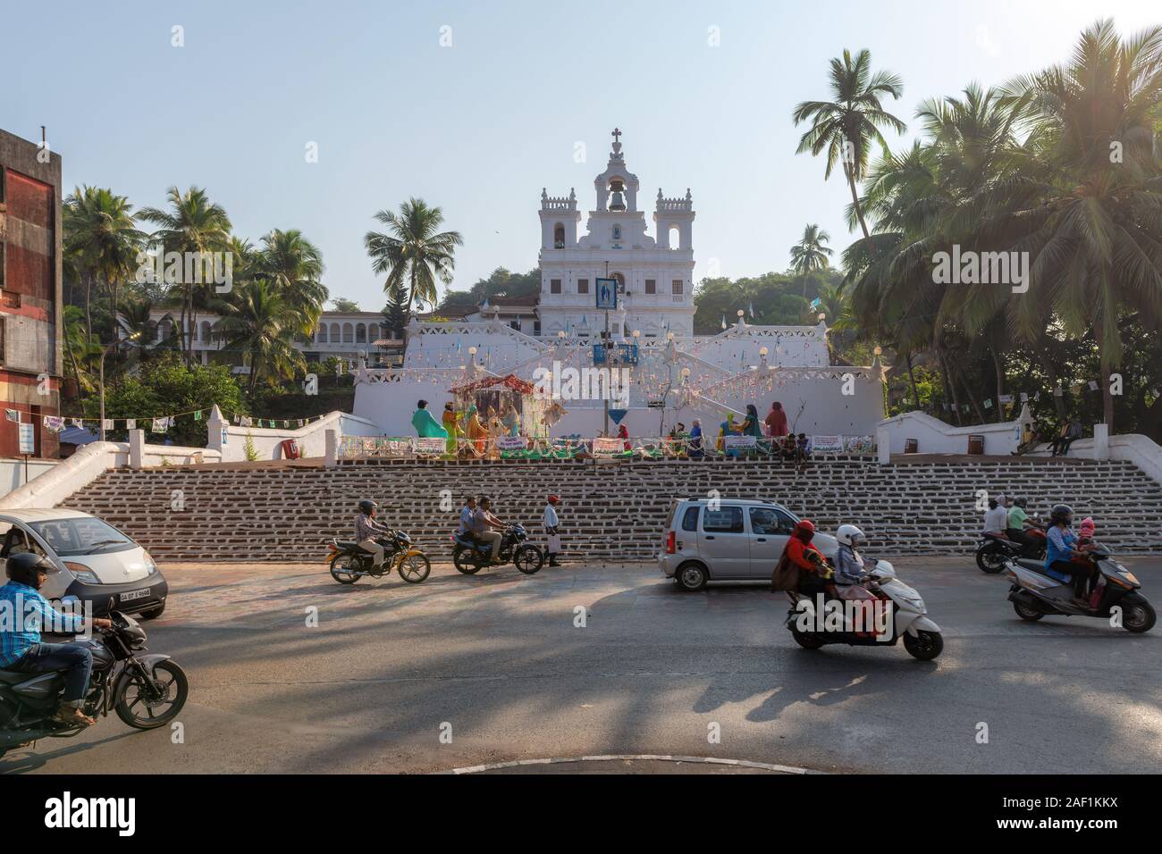 City street in GOA, near catholic church of Our Lady of the Immaculate Conception in Panaji, Goa, India Stock Photo