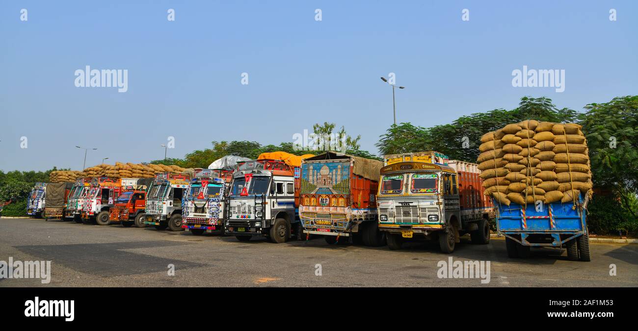 Agra, India Nov 13, 2017. Truck trailers on rest area in Agra, India