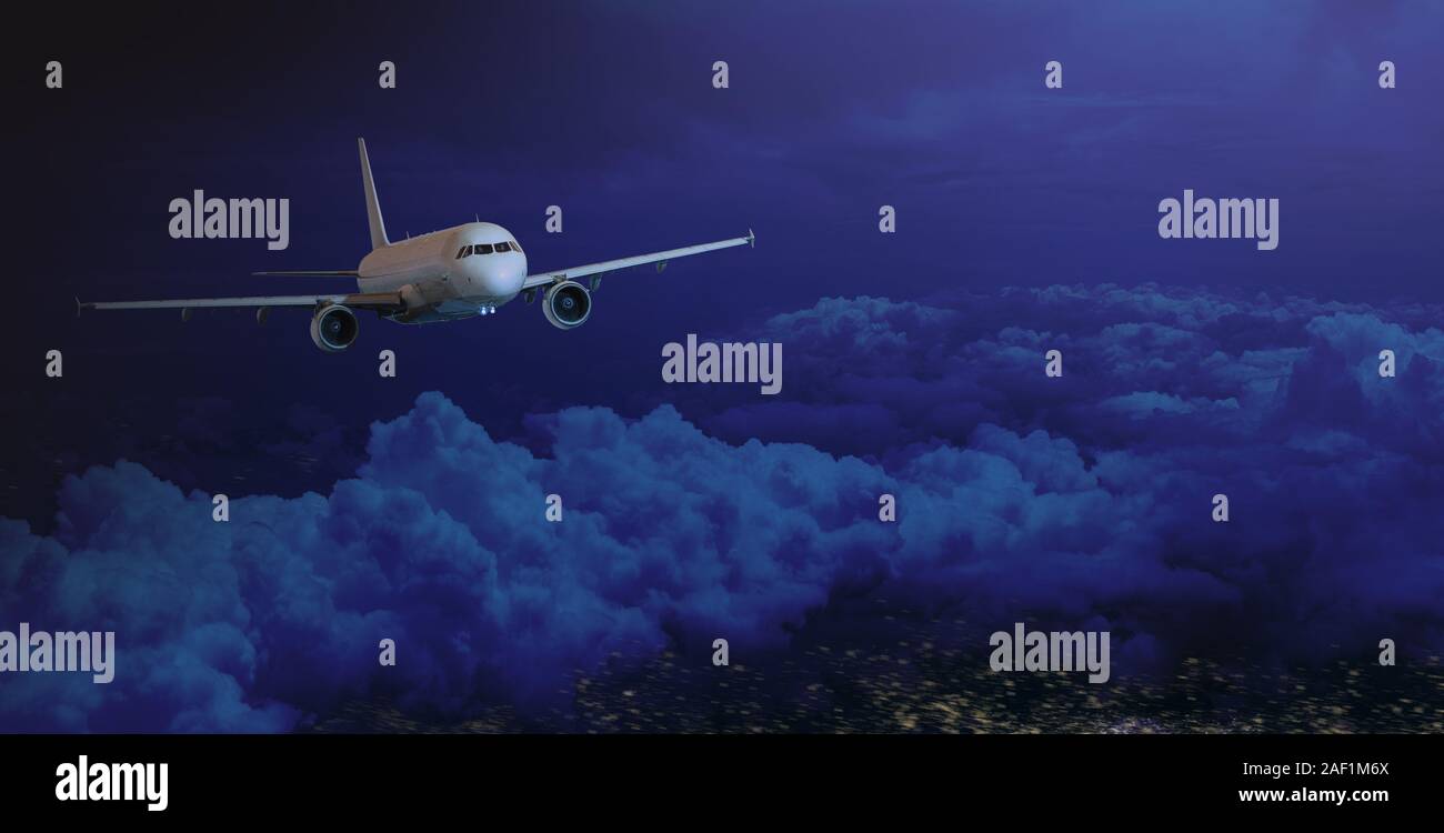 Passenger jet wide body plane in the dark night sky. Airplane flying high above the night Earth. Stock Photo