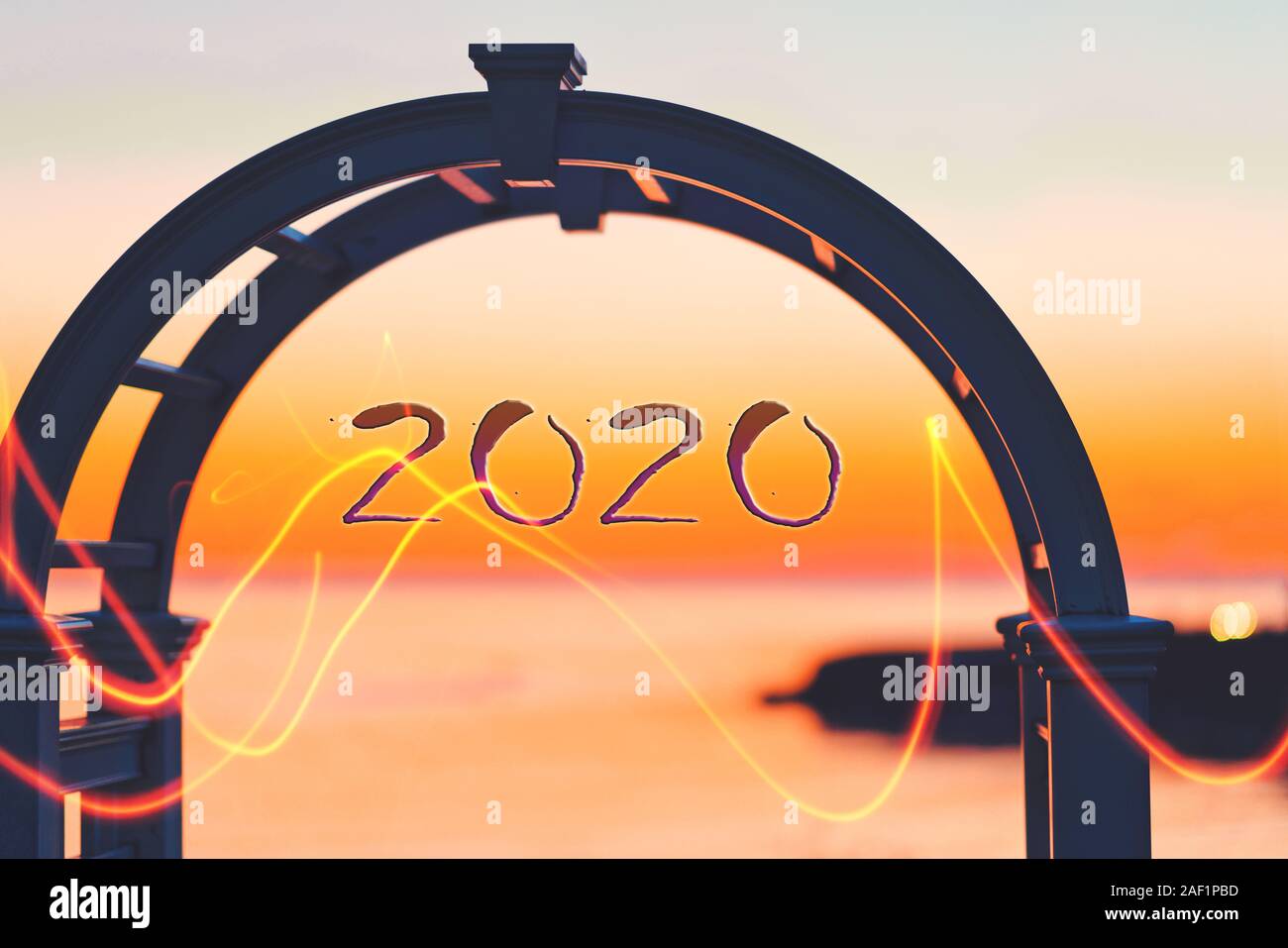 2020 New Year concept. Numbers and golden sunset background. Stock Photo